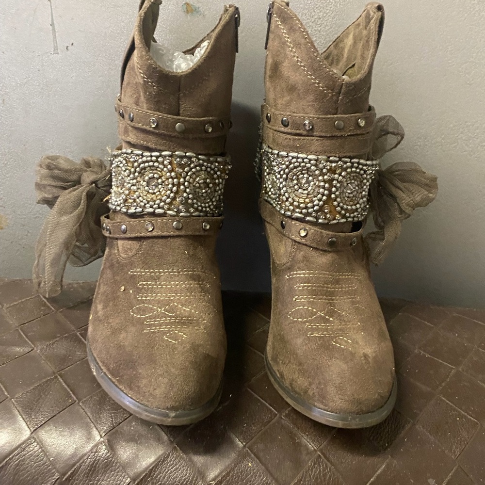 Not Rated Brown Suede Beaded Ankle Booties